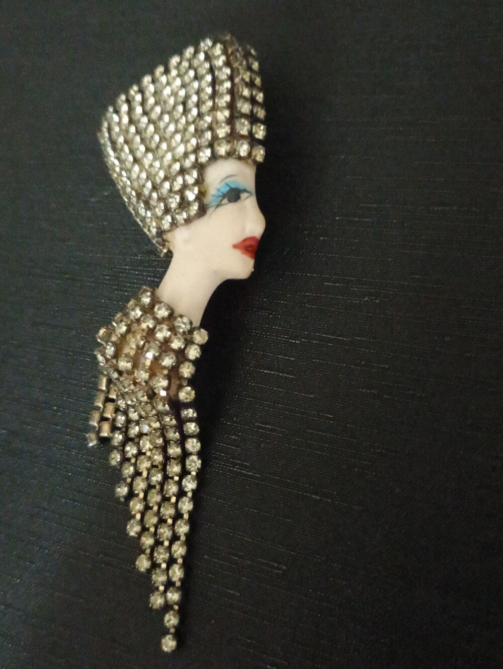 Vintage Porcelain Rhinestone Flapper Lady Brooch — Art Deco By Elvira And Jackie